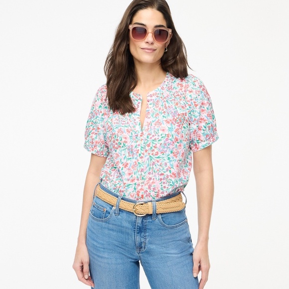 New JCREW Size L Linen Blend Short Sleeve Smock Neck Top $79 CI095 - Picture 2 of 7